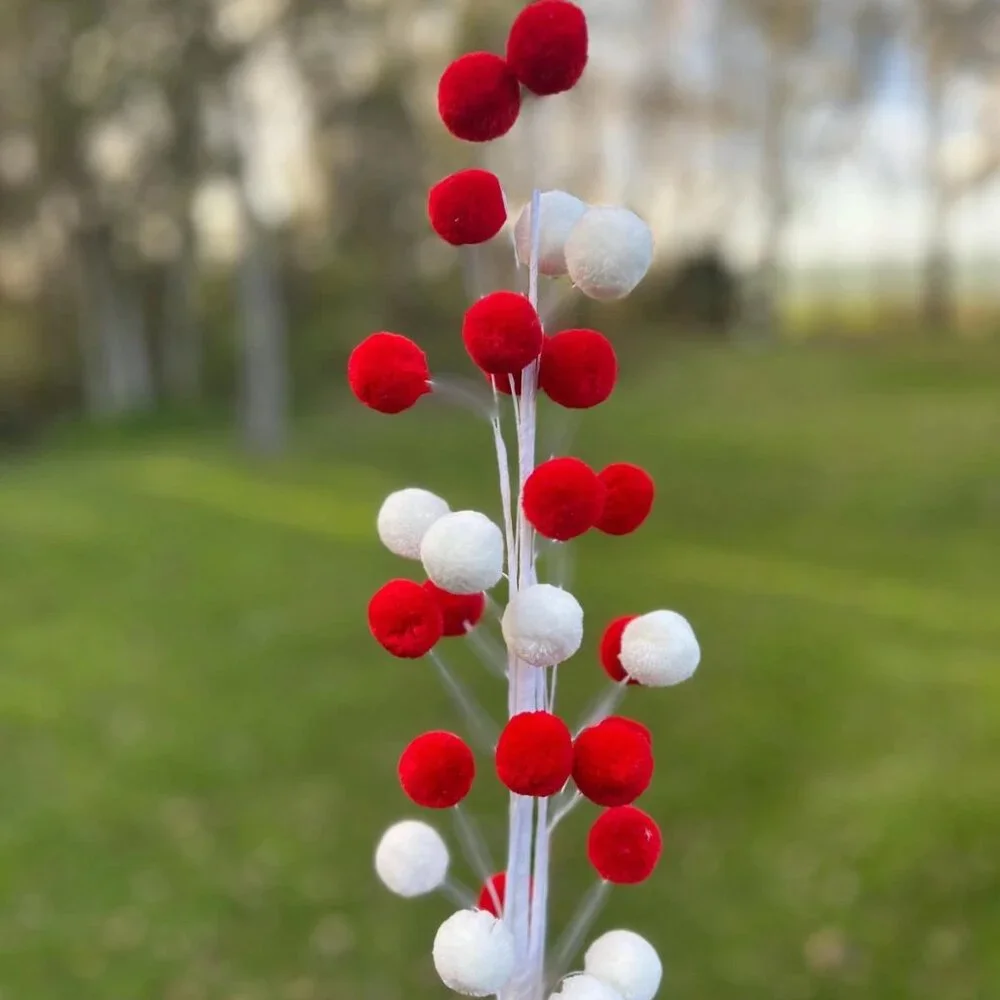 Extra Long 32-inch Red & White Pom Pom Spray - Festive Christmas Tree Decoration